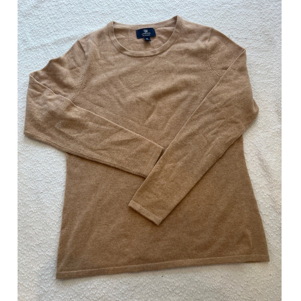 Lands End Womens M 10-12 Cashmere Crew Neck Sweater Camel Tan Long Sleeve Knit